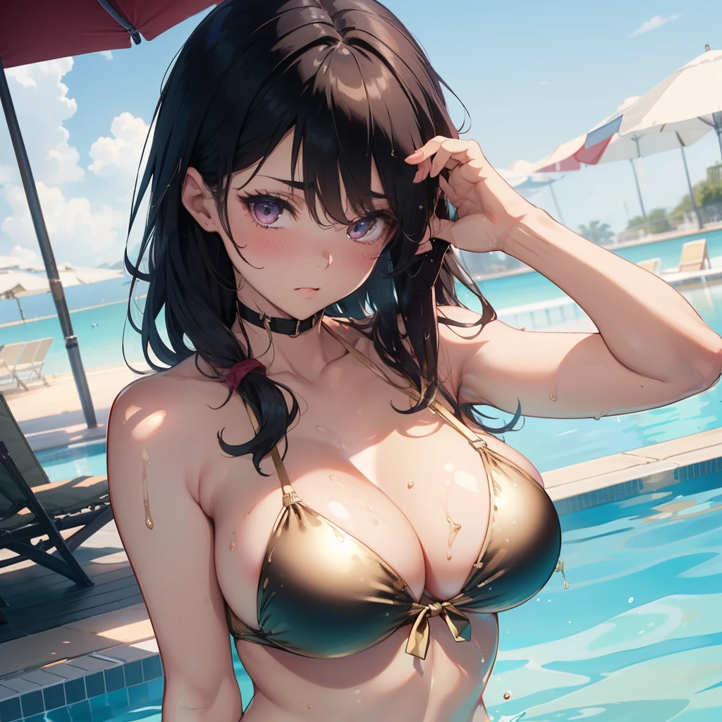 1 beauty, Slightly tanned girl,Very light purple eyeshadow,Traces of swimwear, Watery Big Eyes,Beautiful constriction,(Flustered expression),embarrassed from, long eyelasher,Blushlush, in poolside, Wet whole body, ((Champagne Gold Bikini Swimsuit)),(Anti-Bull Bra Shoulder Straps),(Remove your bra and go topless:1.2)), (dishevled hair:1.2),bustshot,((Hide your eyes with your hands)),Dynamic Angle Zoom、pointed chest tip,