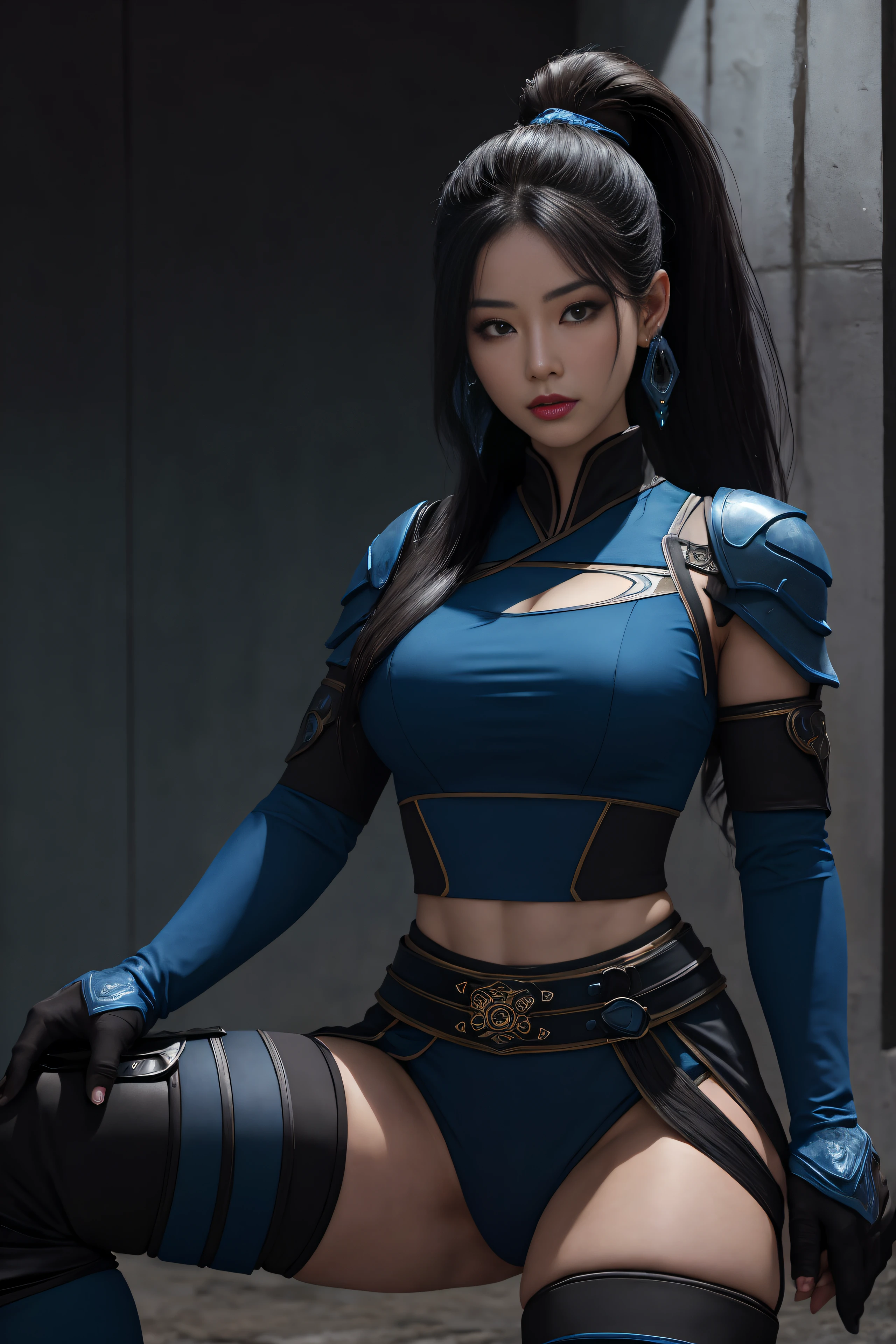 (masterpiece, top quality, best quality, official art, beautiful and aesthetic:1.2), (1girl:1.3), (fractal art:1.3), solo, Jade from mortal kombat, Mortal Kombat video game, black headband, long hair, huge breasts, beautiful faces, Asian lady, blue black ninja uniform for lady, black gloves, black brown hair, blue long socks, long blue footwear, sexy ninja blue uniform , earrings, midriff, navel, toned, looking at viewer, full body, fighting stance, the background behind black