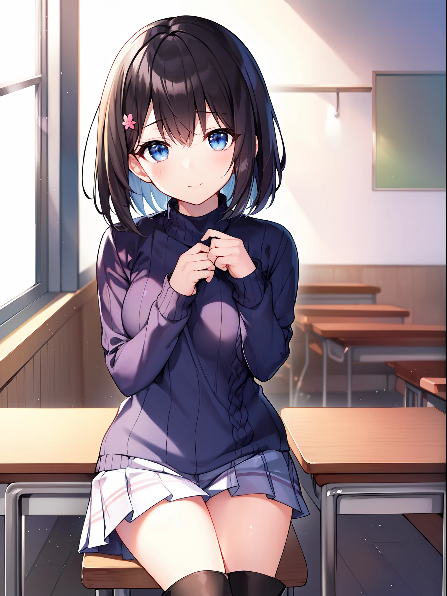 One girl, highest quality, Super detailed, masterpiece, Ultra-high resolution, 8k, Ridiculous, Cowboy Shooting, Focus on the girl, Embarrassing, blush, Lovely, Close one eye, With tears in her eyes and her mouth open, What saliva leaves behind, (arms behind head), (wariza), (sweater dress), Sticky panties, White lace panties, Classroom Background, (Videl:1.2), The skirt is accidentally exposed,large breasts, Accidentally exposed panties, Absolute area, Black knee socks