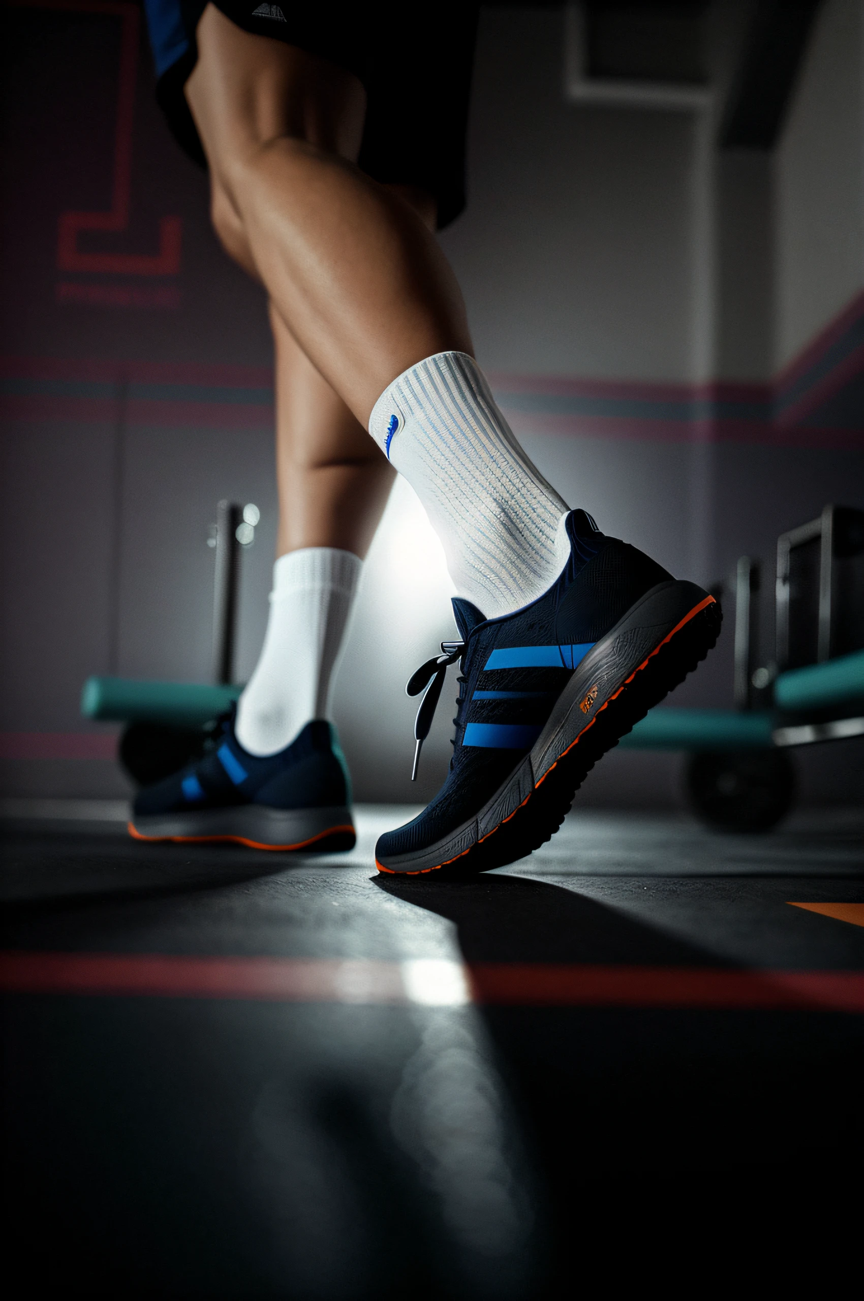 Piernas de araffe con calcetines largos blancos, and blue sneakers with orange lines, Focus on your foot, piernas fuertes, piernas musculosas, Zapatillas, a punto de pisarte, En un gimnasio con luces RGB, ejercicio, Toma en interior, Peso ligero, Patas traseras humanas y zapatillas de deporte, primer plano de las piernas, Professional foot photography, Arcos altos, tomada con Canon EOS R5