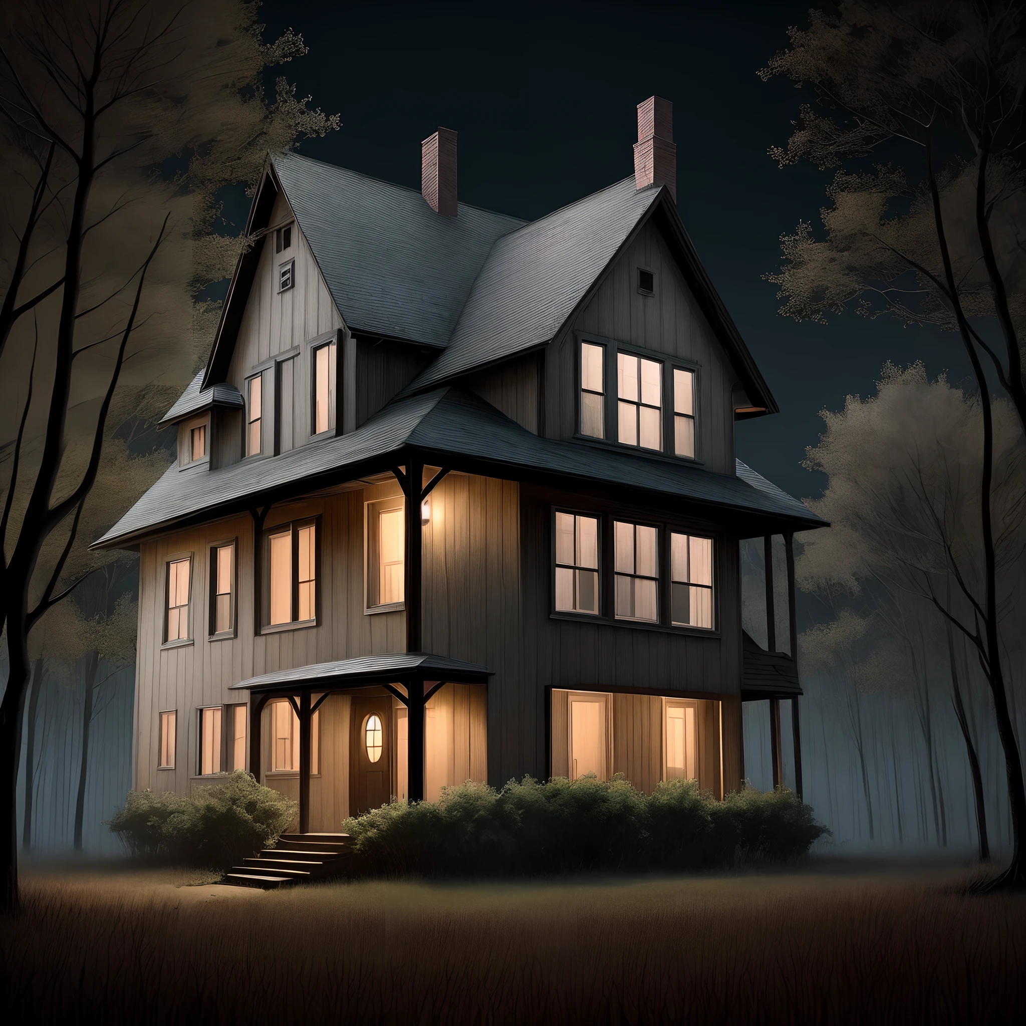 A big creepy house in the middle of the woods nighttime pitch black skies