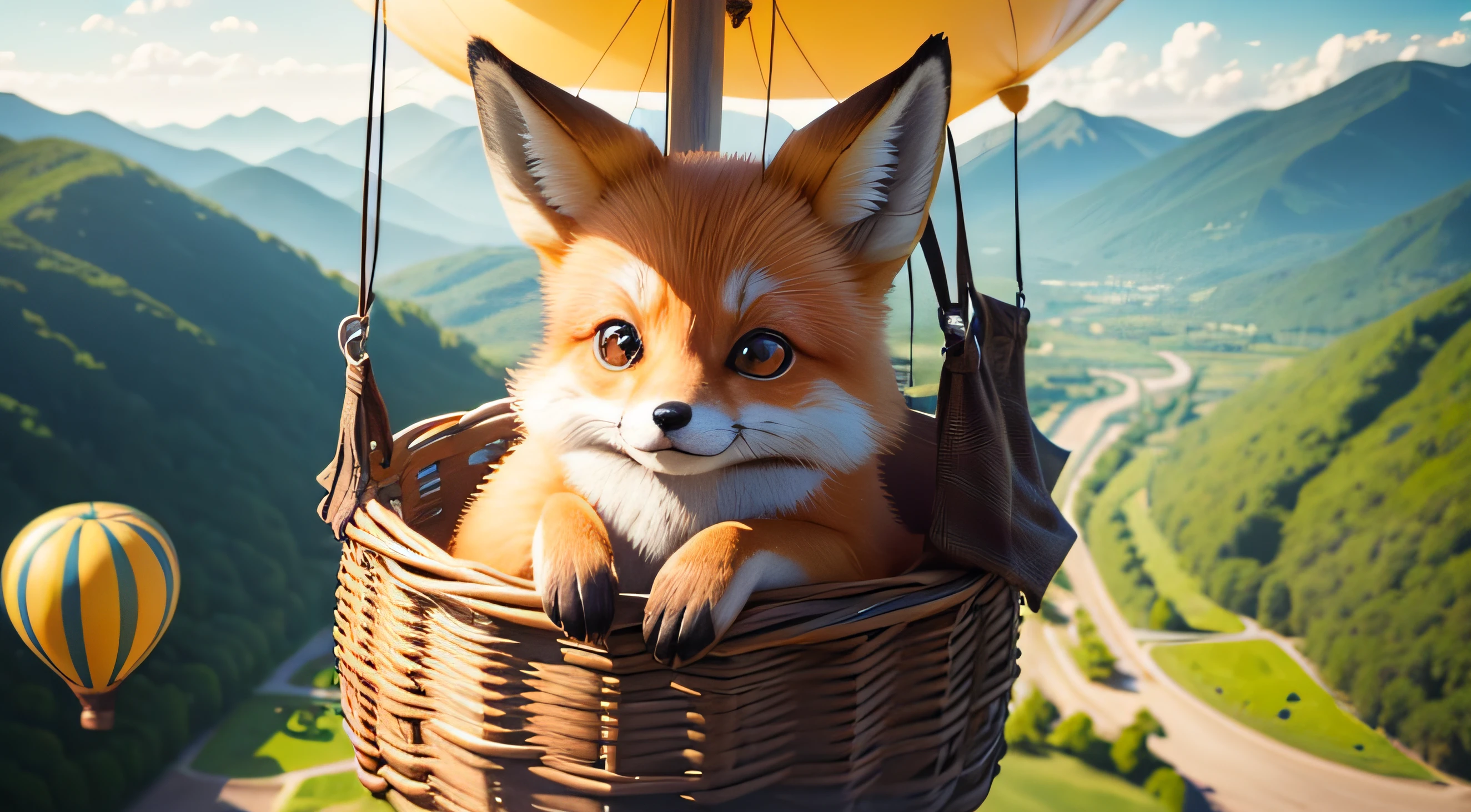 view of a cute fox inside a basket tied a air yellow balloon, flying over forest, close-up, Pixar movie style, big eyes, bright eyes, pretty eyes, smiling, amazing sky, Day Light, high quality, back to lens, mountains on the horizon