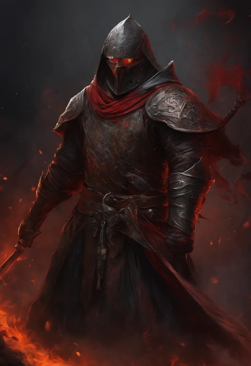 (ultra-detailed CG unit 8k wallpaper, Master parts, Best quality, depth of fields, hdr, 复杂), Tall, The sinister Dark Assassin wears a metal mask,Bright red eyes,Light and dark armor,Behind him he wears a low-key red cloak,Holding a sharp dagger in his arms,Step into the burning village, (复杂: 1.4) (Master parts: 1.4) (illustration: 1.4), Red studio lighting, Post-processing, 8K resolution, deep dark background, imponent, Well-composed photos, Impressive, dark fantacy (director: greg rutkovsky: 1.2), (darken: 1.5)(10 people:1.8)