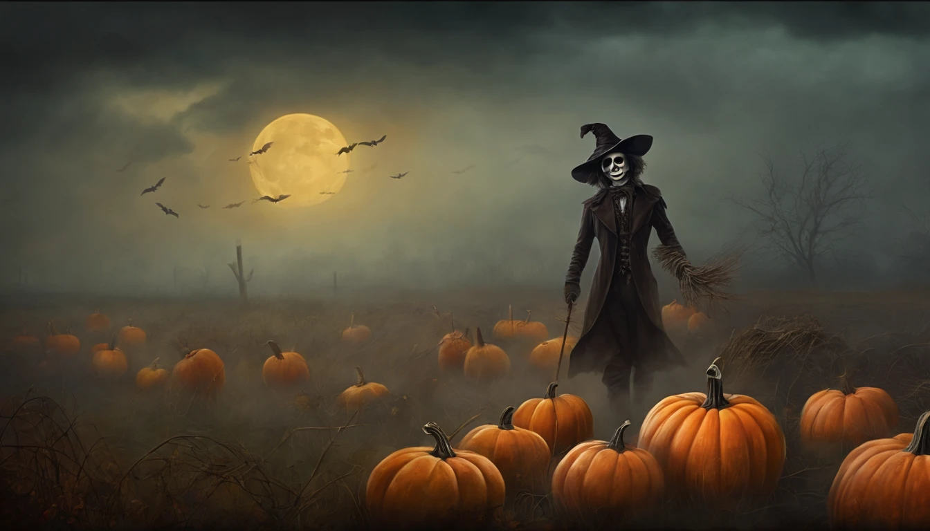Vintage style dark gothic art wall painting, scarecrow in a misty field full of pumpkins Halloween