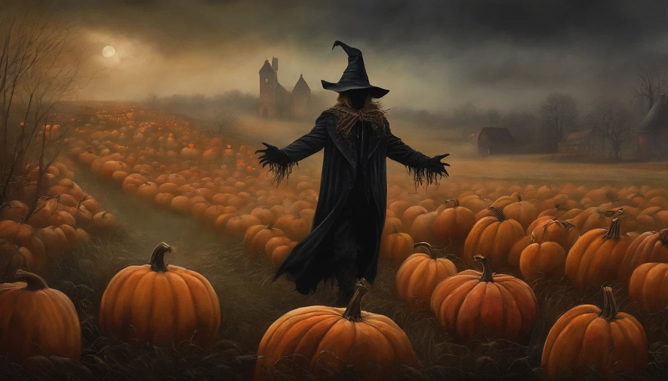 Vintage style dark gothic art wall painting, scarecrow in a misty field full of pumpkins Halloween