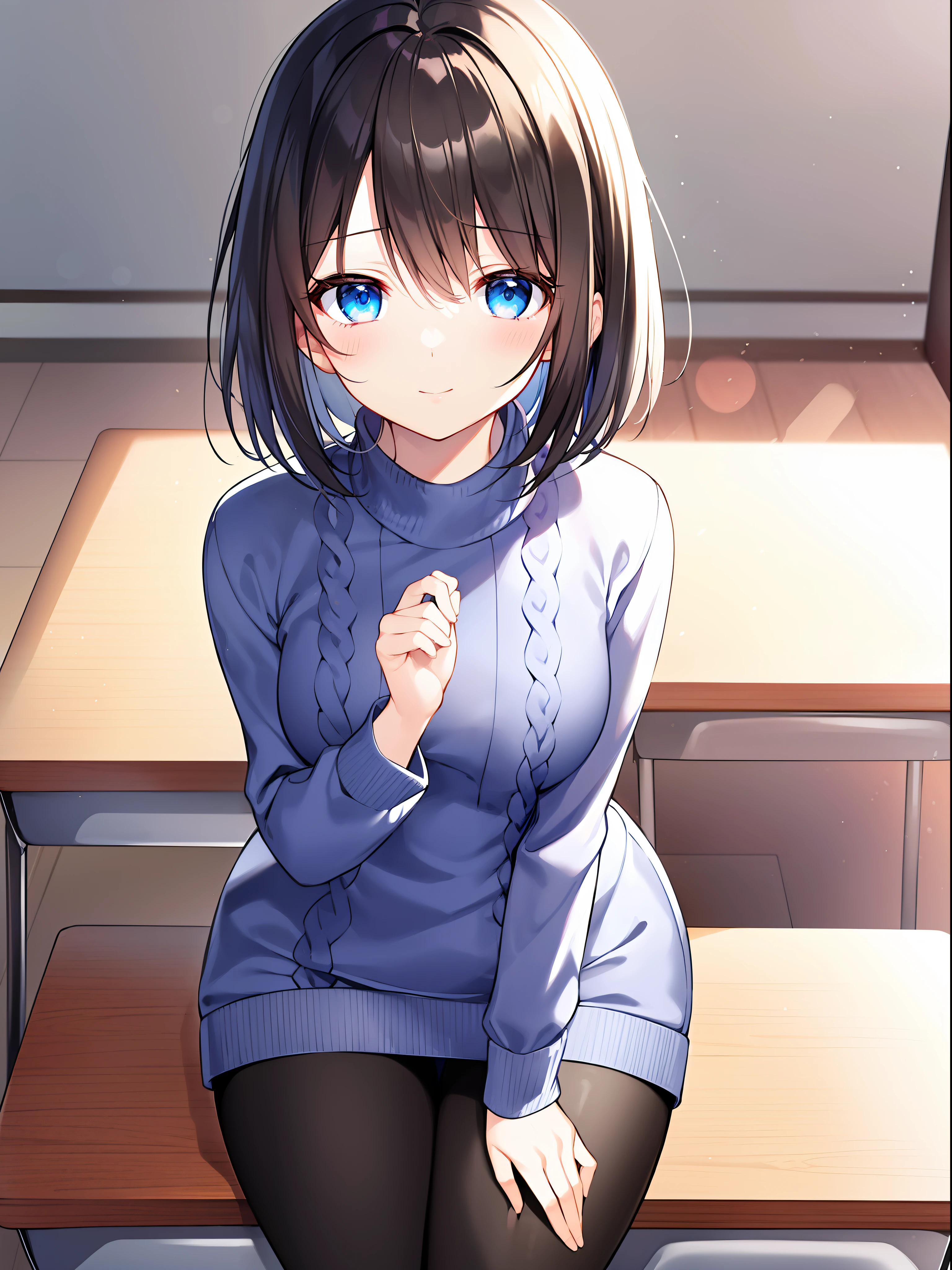 kawaii a beauty girl A dark-haired short-haired bob cuts fluffy hair light blue eyes ((Black sweater)) turtle neck long-sleeve Moe Sleeve Pants stockings Brown boots Flower Garden schools ((high-level image quality hightquality ultra-detailliert 8K)) Only 1 person ssmile 1 girl in Detailed and delicate face Ruffled skirt beautiful and delicate eyes Fine details amaryllis ((Anime-like illustrations)) High school students 独奏 Medium chest kawaii pose teak Cute clothes Classroom Sitting at a desk Light blue hairpin maidennurse Embarrassed expression