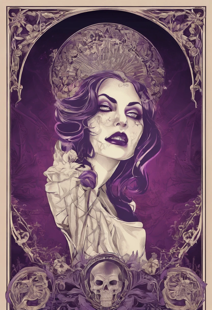 vampire girl Very scary and linda, ART nouveau, purple background, gothic style, fire lights