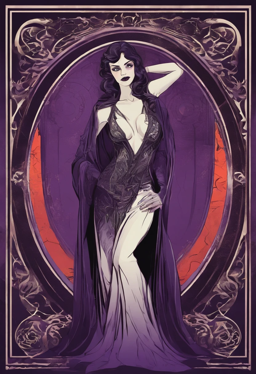 vampire girl Very scary and linda, ART nouveau, purple background, gothic style, fire lights