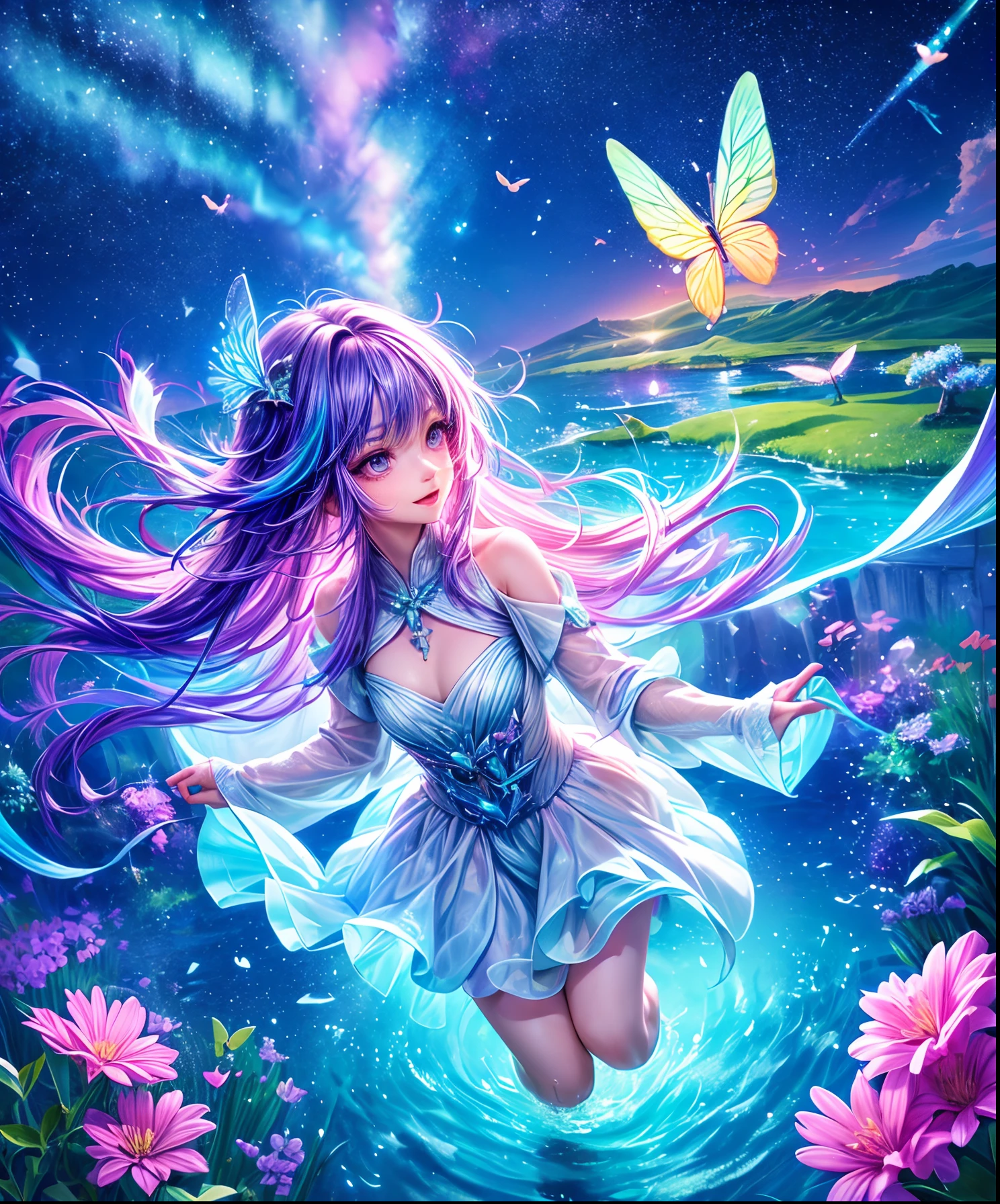 Cute girl characters、Iridescent grass々Drawing a butterfly flying over the water, Looking up at the starry sky. Surround her with colorful nebulae and colorful forests.