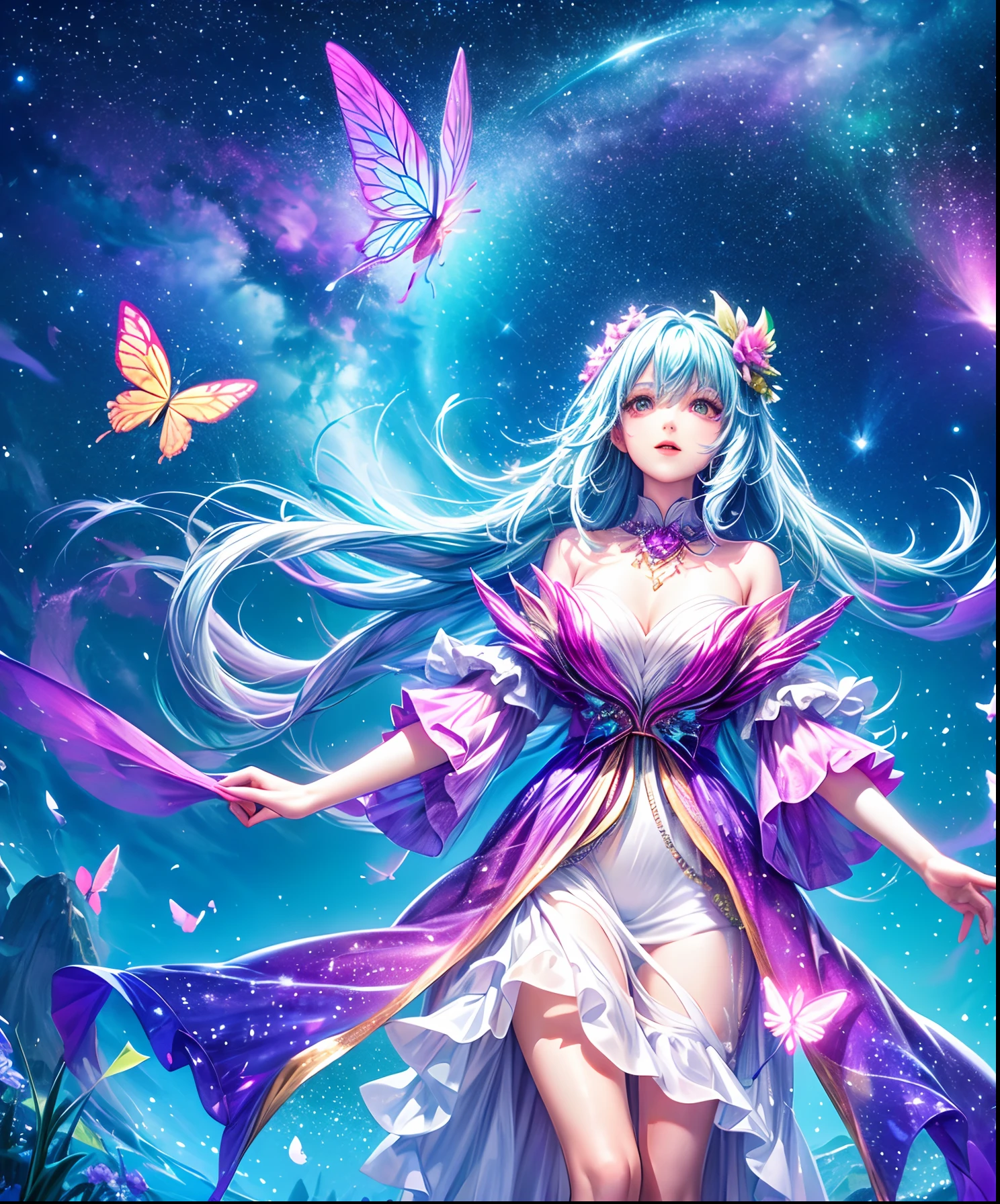 Describe a scene where a cute girl character is lying on a grassy hill, Looking up at the starry sky. Surround her with colorful nebulae and her favorite constellations.