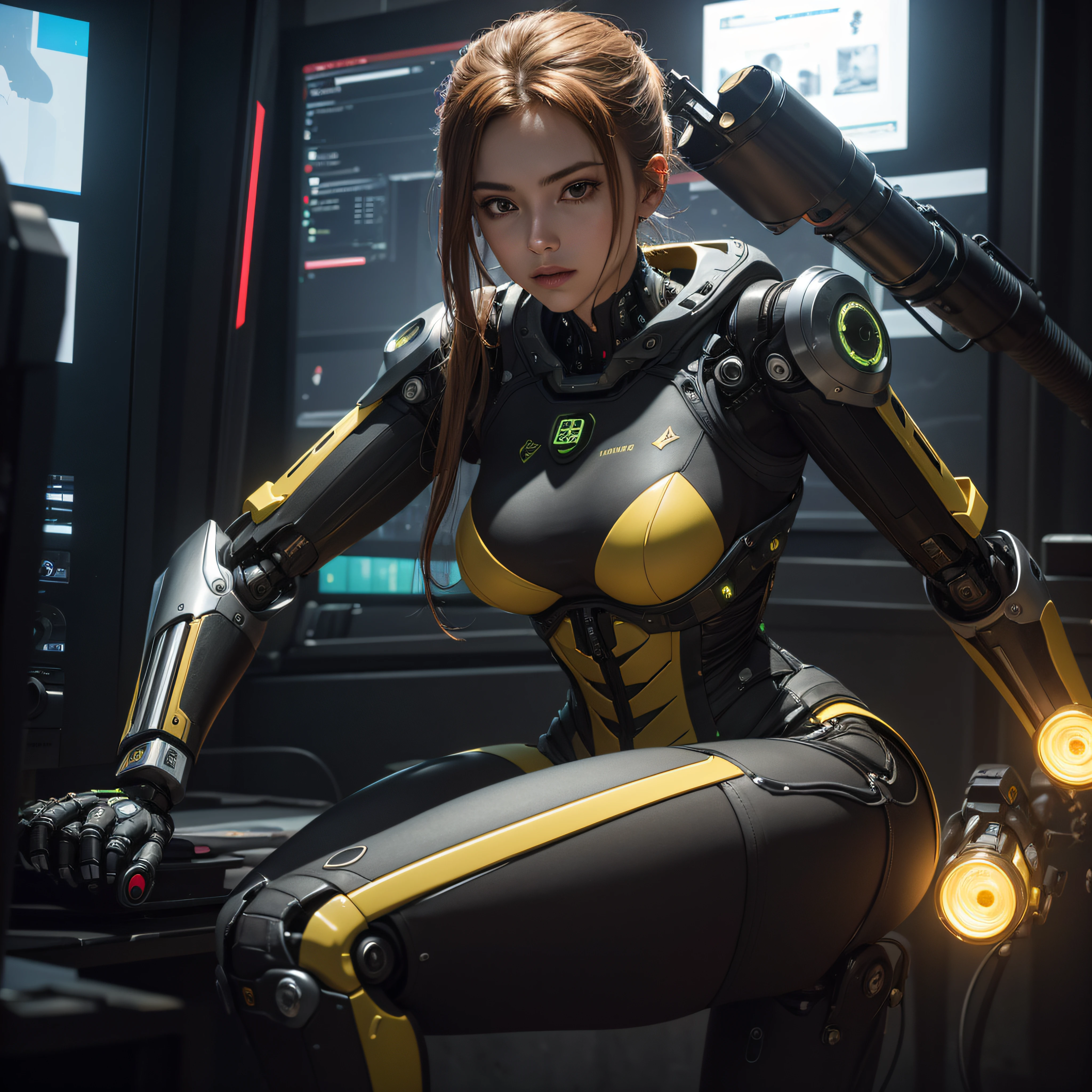 ((calidad superior)), ((obra maestra)), ((realista)), (Los detalles), (fotorrealista:1.5), Science-Fiction, HDR, Trazado de rayos, NVIDIA RTX, Los ultra-Highres, Irreal 5, Sub-Surface Scatterring, PBR texturizado, Post-procesamiento, Anisotropic filtering, Profundidad de campos, maximum sharpness and sharpness, Regla de los tercios、8K RAW、(Luminescent Particles:1.4)、(super-detailed CG、Unidad 8k Fondos de pantalla、lighting like a movie、destello de lente、foco nítido. Girl with yellow corset, Robotic Parts, Cannon fire, guerra urbana, Armas, pistola, Arte cyberpunk、arquitectura cyberpunk
