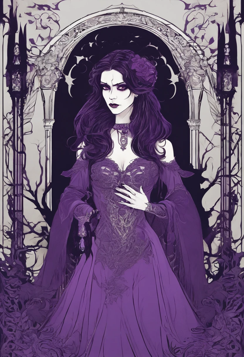 vampire girl Very scary and linda, ART nouveau, purple background, gothic style, fire lights