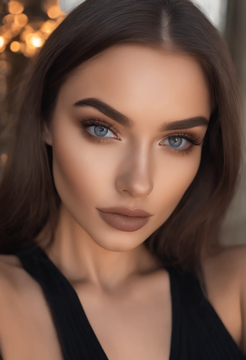 arafed woman with black clothes, sexy girl with brown eyes, portrait sophie mudd, brown hair and large eyes, selfie of a young woman, bedroom eyes, violet myers, without makeup, natural makeup, looking directly at the camera, face with artgram, subtle makeup, stunning full body shot, in bedroom, cleavage, megan fox, claudia alende