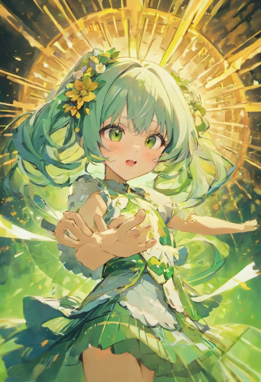 Anime girl with gray hair and green and yellow flower headdresses on her hair, cunning expression, ahegao face,, she has a cute expressive face, ahegao, from girls frontline, mischievous expression, exciting expression, nyaruko-san, smirk expression, sly smile, anime moe art style, extremely cute anime girl face