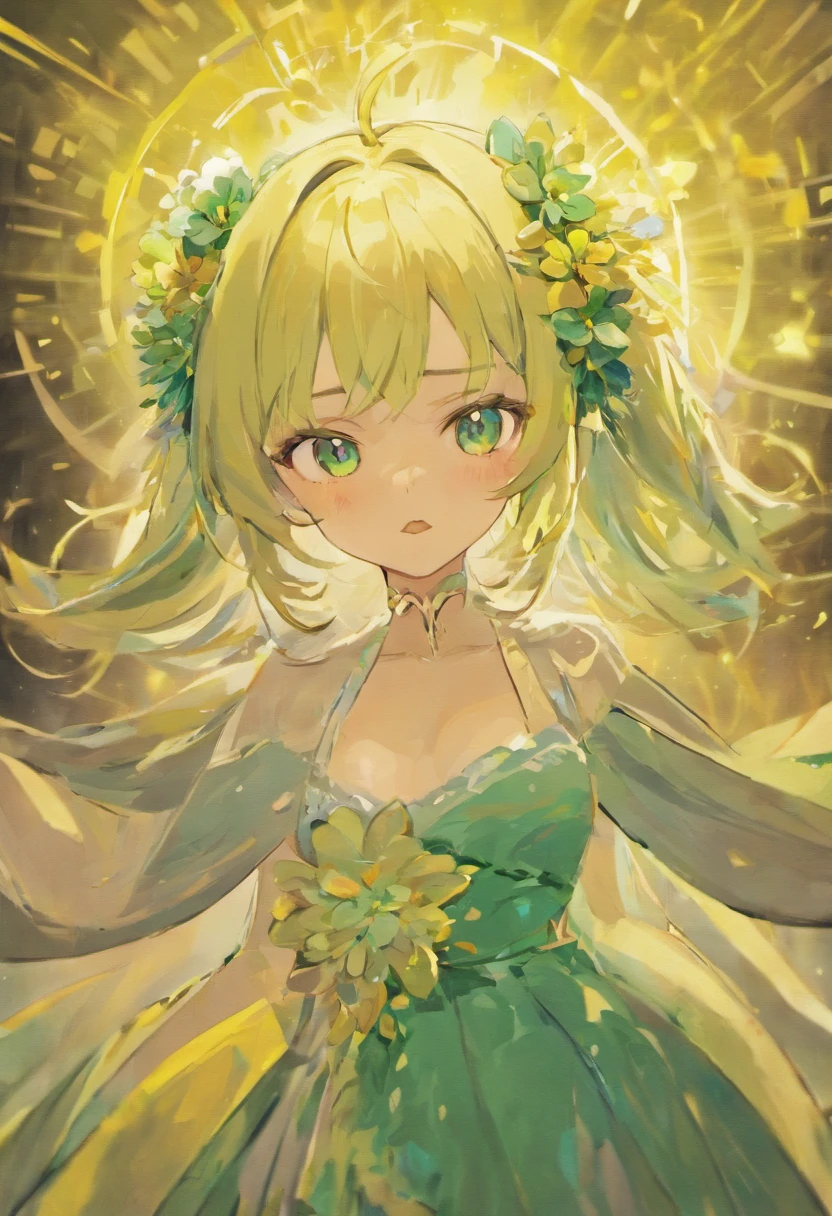 Anime girl with gray hair and green and yellow flower headdresses on her hair, cunning expression, ahegao face,, she has a cute expressive face, ahegao, from girls frontline, mischievous expression, exciting expression, nyaruko-san, smirk expression, sly smile, anime moe art style, extremely cute anime girl face