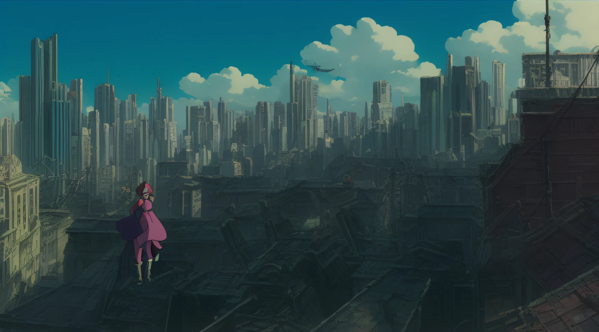 high-definition anime screengrab of a girl in overauls in a cyberpunk city, Studio Ghibli style