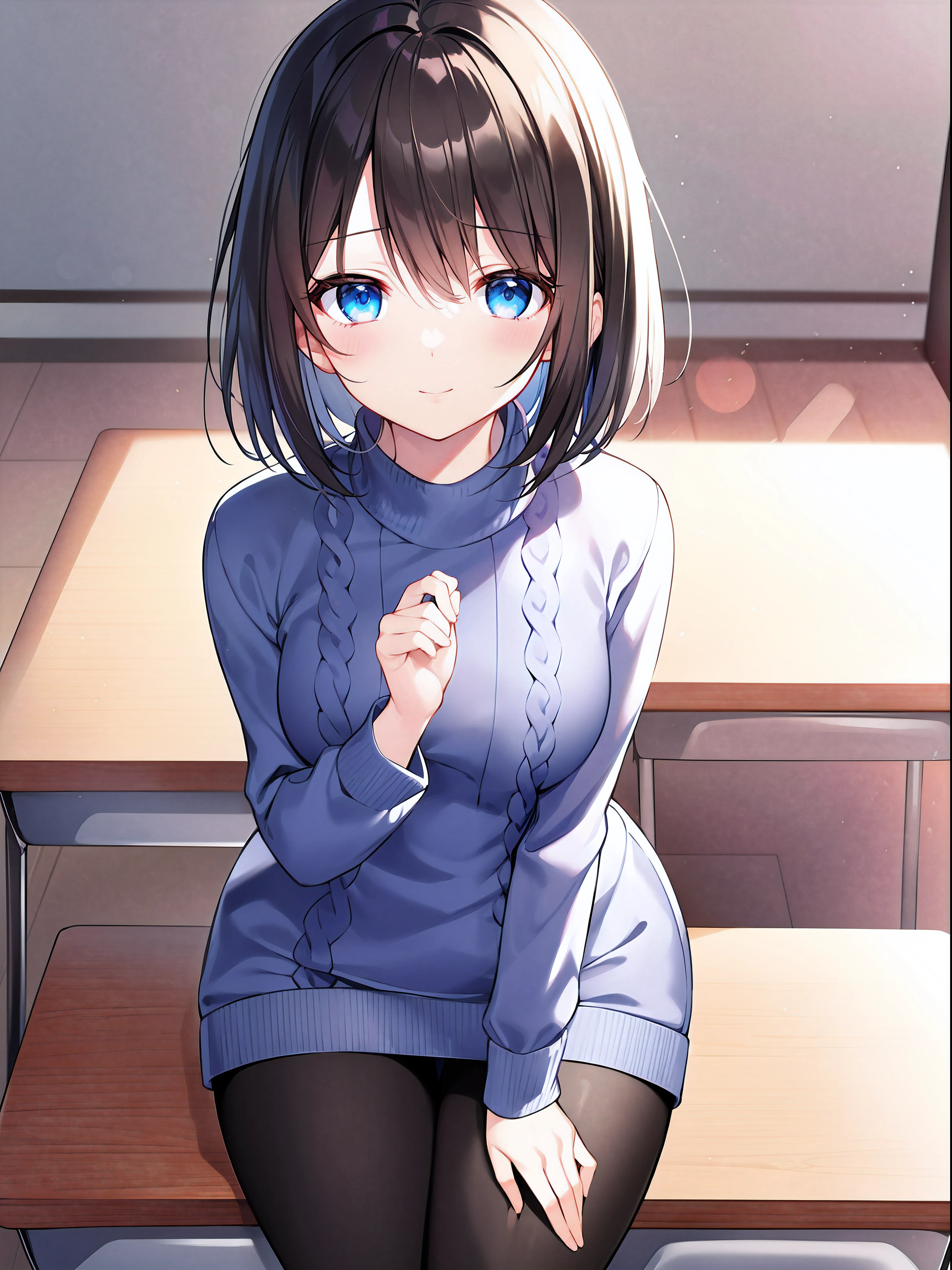 kawaii a beauty girl A dark-haired short-haired bob cuts fluffy hair light blue eyes ((Black sweater)) turtle neck long-sleeve Moe Sleeve Pants stockings Brown boots Flower Garden schools ((high-level image quality hightquality ultra-detailliert 8K)) Only 1 person ssmile 1 girl in Detailed and delicate face Ruffled skirt beautiful and delicate eyes Fine details amaryllis ((Anime-like illustrations)) High school students 独奏 Medium chest kawaii pose teak Cute clothes Classroom Sitting at a desk Light blue hairpin maidennurse Embarrassed expression