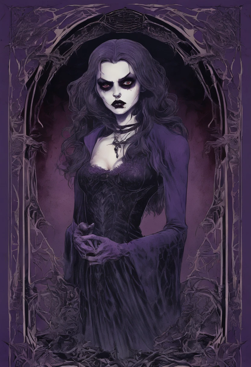 vampire girl Very scary and linda, ART nouveau, purple background, gothic style, fire lights