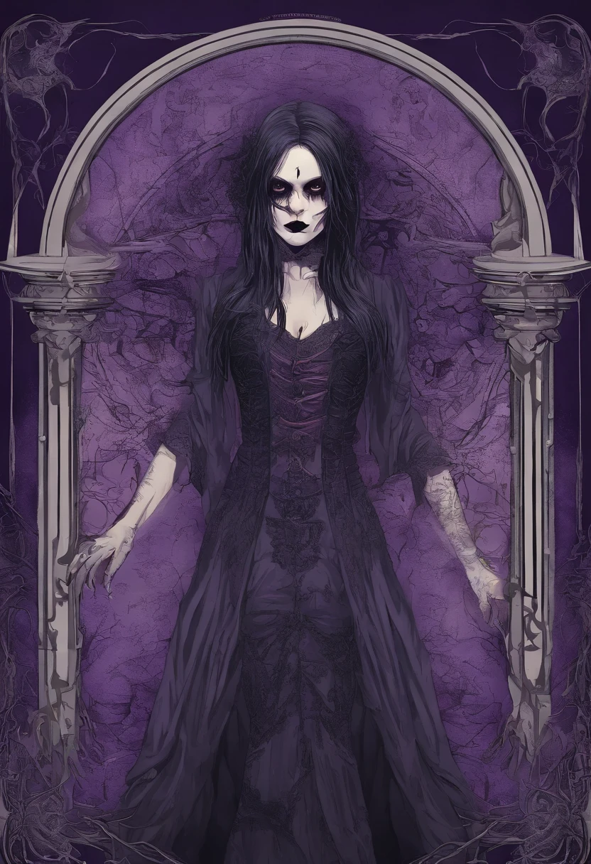 vampire girl Very scary and linda, ART nouveau, purple background, gothic style, fire lights