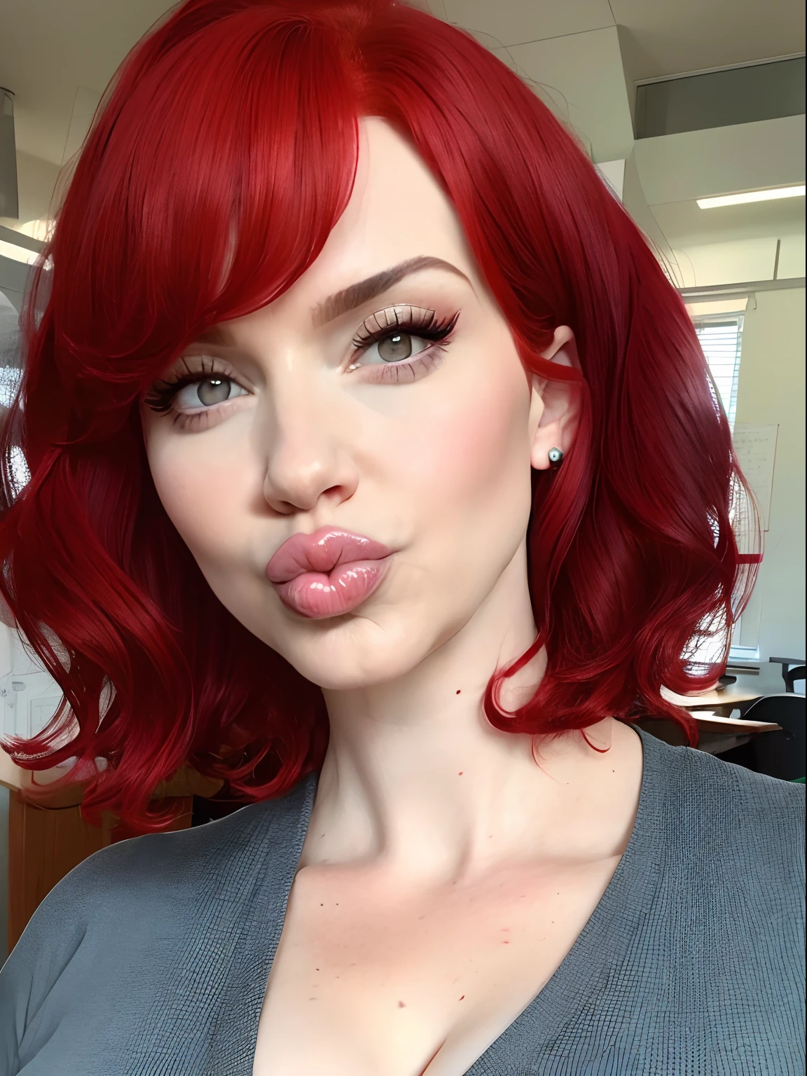 Stunning close-up portrait Of Christina Hendricks as a teacher, red hair, short hair, milf, mature, high cheekbones, big lips, full lips, bimbo lips, pouting, pouting lips, sfw, Best quality, 8k, Masterpiece, realistic, photorealistic