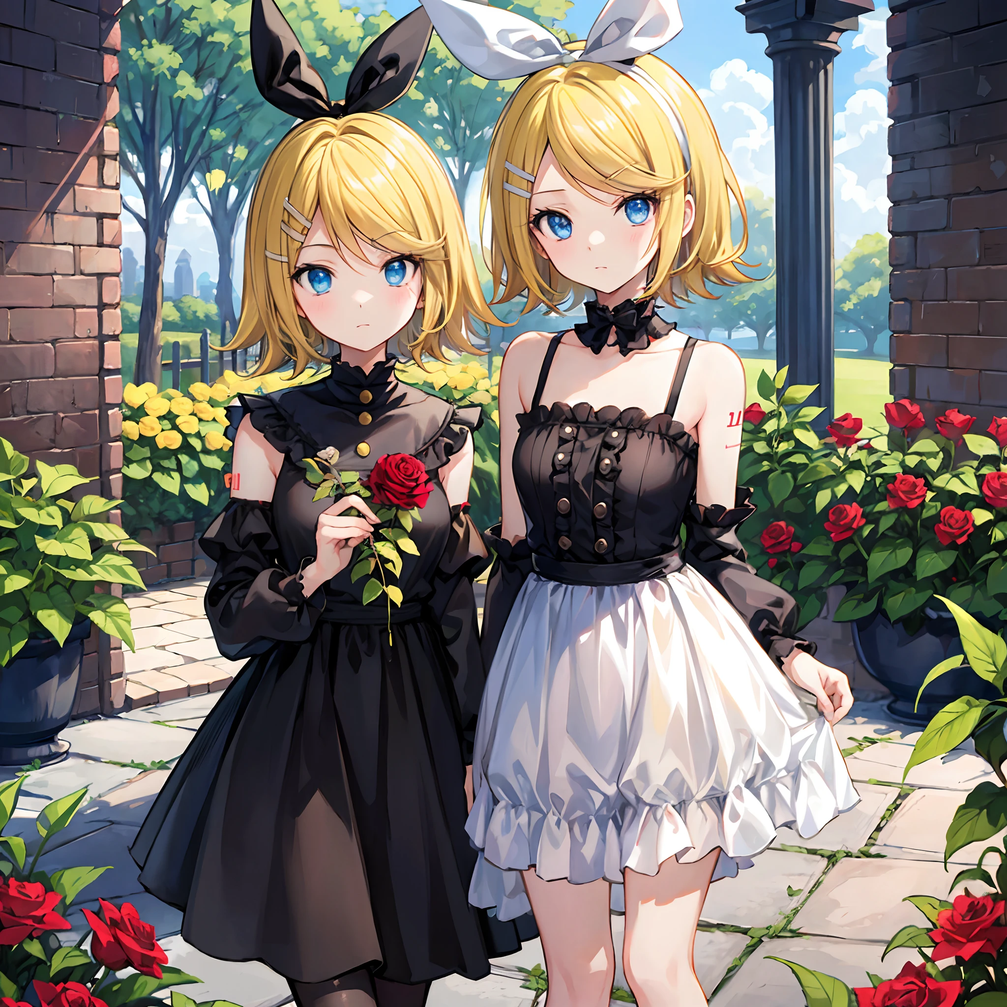 Kagamine rin , pelo rubio 、Hair is pulled back、ojos rojos、Hermosa chica sola、quimono、una minifalda、Garden of bright red roses、sentado en