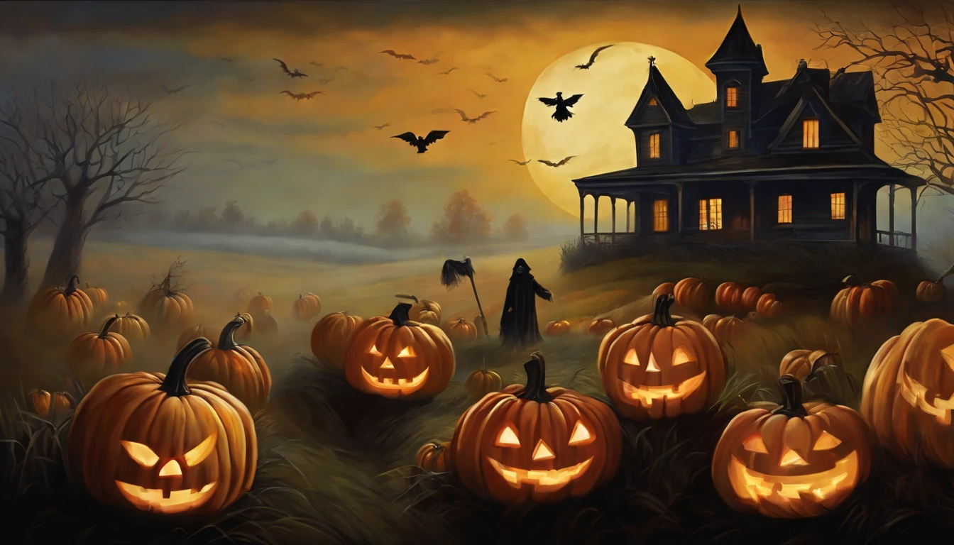Vintage style dark gothic art mural painting, several scarecrows in a misty field full of Halloween pumpkins