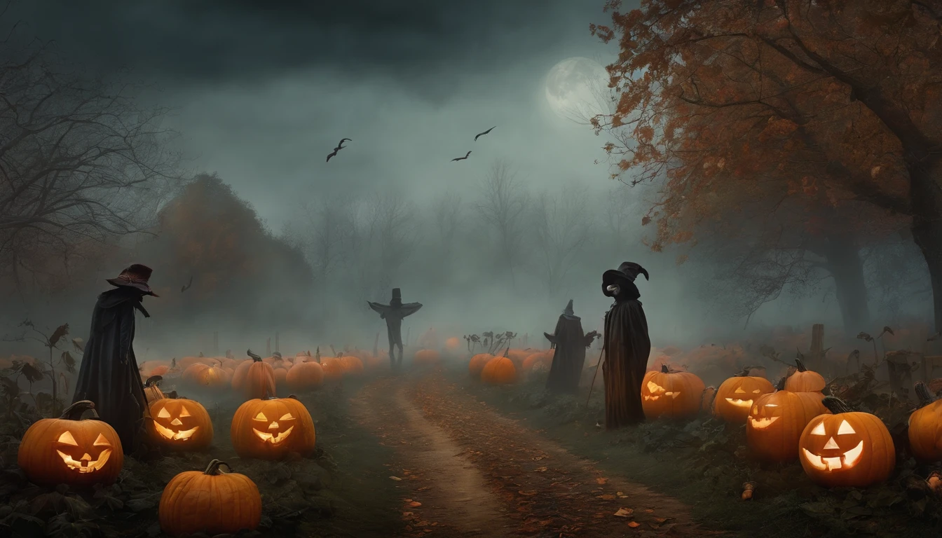 "A horrifying Halloween background set in a dark, fog-drenched forest, where twisted trees with gnarled, claw-like branches loom ominously over a shadowy path. The ground is scattered with dry, brittle leaves and the faint outline of skeletal remains partially buried in the dirt. In the distance, an old, decrepit mansion stands, its windows glowing with an unnatural, sickly green light. The sky is pitch black, save for the blood-red full moon that casts an eerie glow over the scene. Ghostly apparitions with hollow eyes and tattered clothes drift through the air, their expressions frozen in eternal terror. Bats with glowing red eyes fly overhead, their wings creating a whispering sound that echoes through the night. The foreground features a row of menacing jack-o'-lanterns with grotesque, twisted faces, their flames flickering wildly, casting long, distorted shadows. The entire scene is bathed in a palette of deep blacks, sickly greens, and blood reds, evoking a sense of dread and horror."