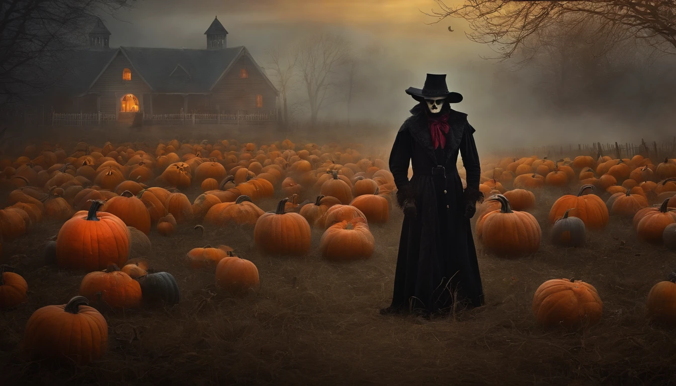 Vintage style dark gothic art mural painting, several scarecrows in a misty field full of Halloween pumpkins