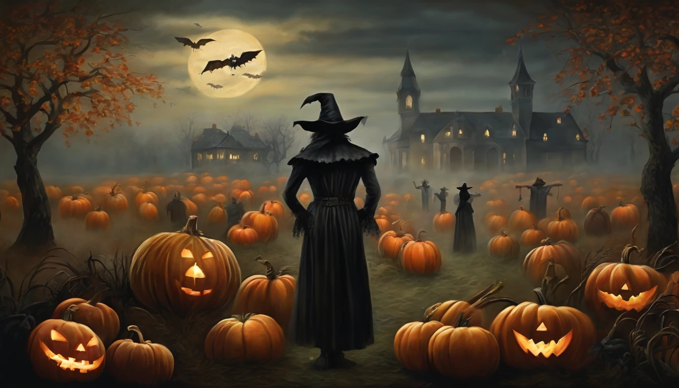 Vintage style dark gothic art mural painting, several scarecrows in a misty field full of Halloween pumpkins
