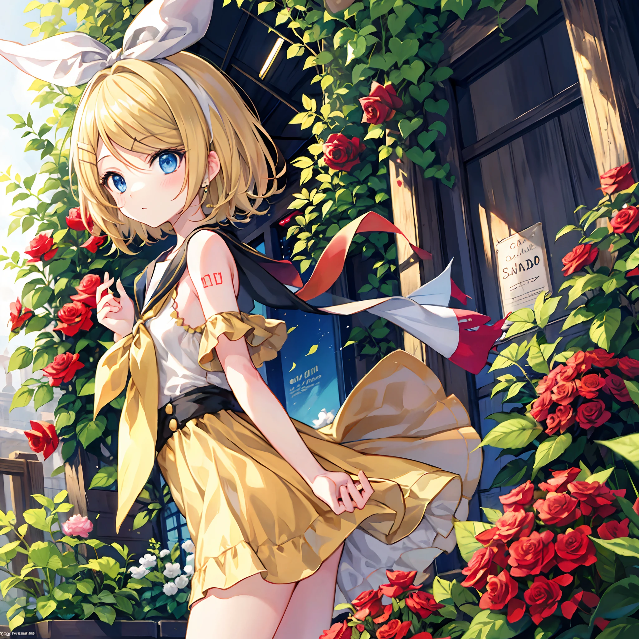 Kagamine rin , pelo rubio 、Hair is pulled back、ojos rojos、Hermosa chica sola、quimono、una minifalda、Garden of bright red roses、sentado en