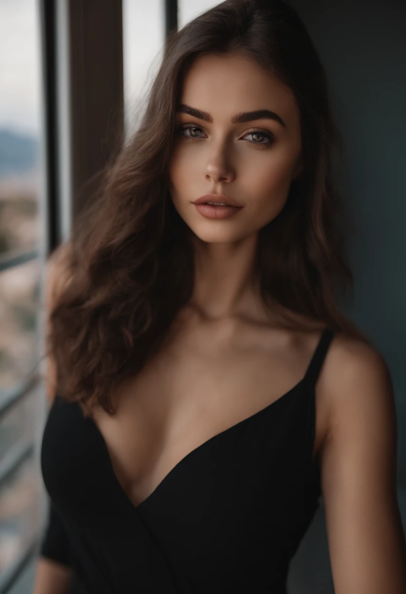 arafed woman with black clothes, sexy girl with brown eyes, portrait sophie mudd, brown hair and large eyes, selfie of a young woman, bedroom eyes, violet myers, without makeup, natural makeup, looking directly at the camera, face with artgram, subtle makeup, stunning full body shot, on a balcony having mountains behind her, cleavage