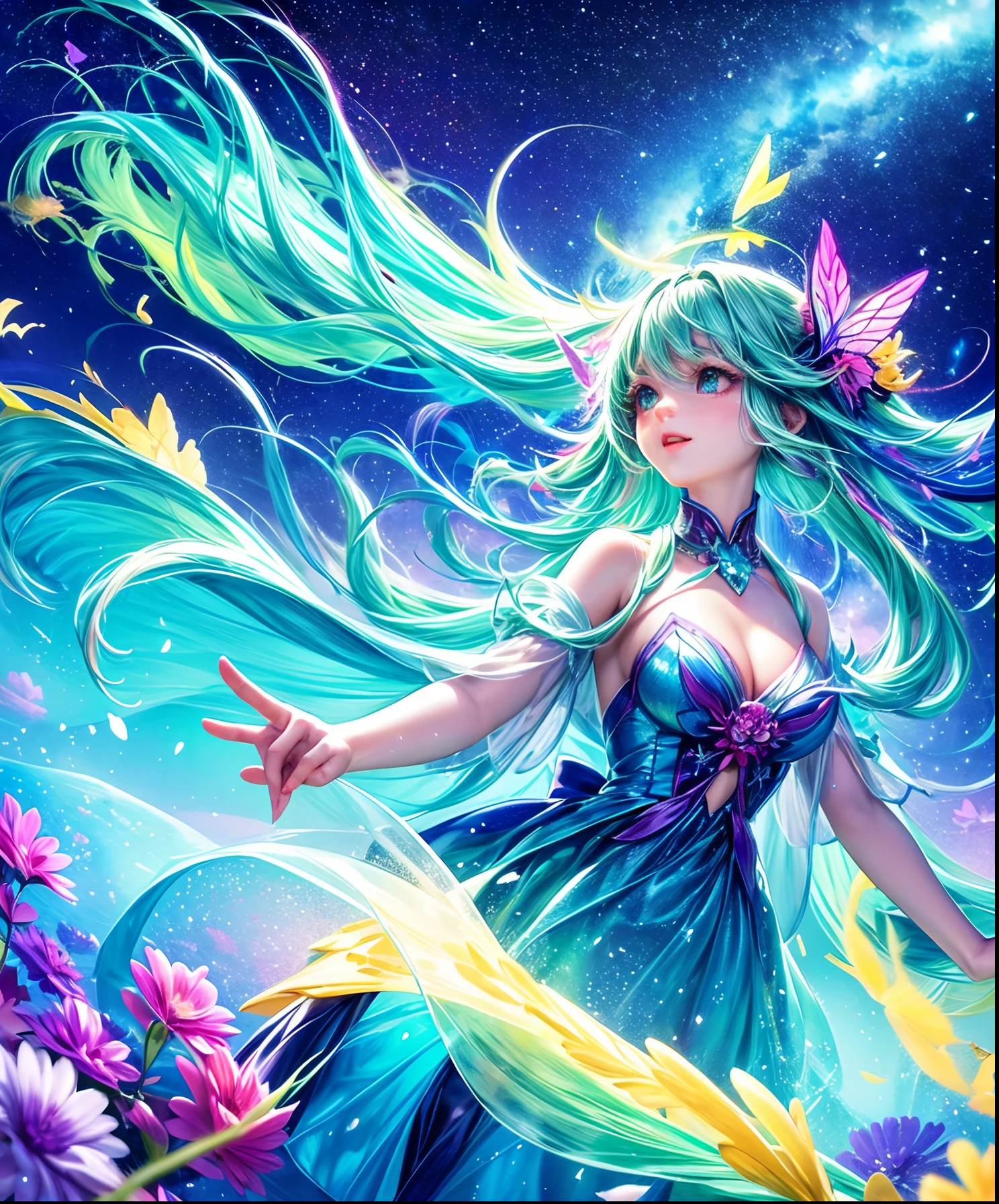 Cute girl characters、Iridescent grass々Drawing a butterfly flying over the water, Looking up at the starry sky. Surround her with colorful nebulae and colorful forests.
