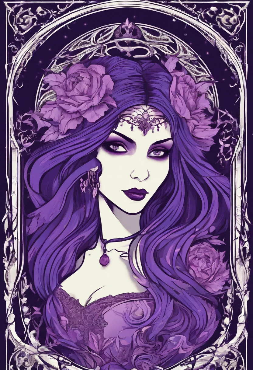 vampire girl Very scary and linda, ART nouveau, purple background, gothic style, fire lights, muitos detalhes, apenas luz de velas,