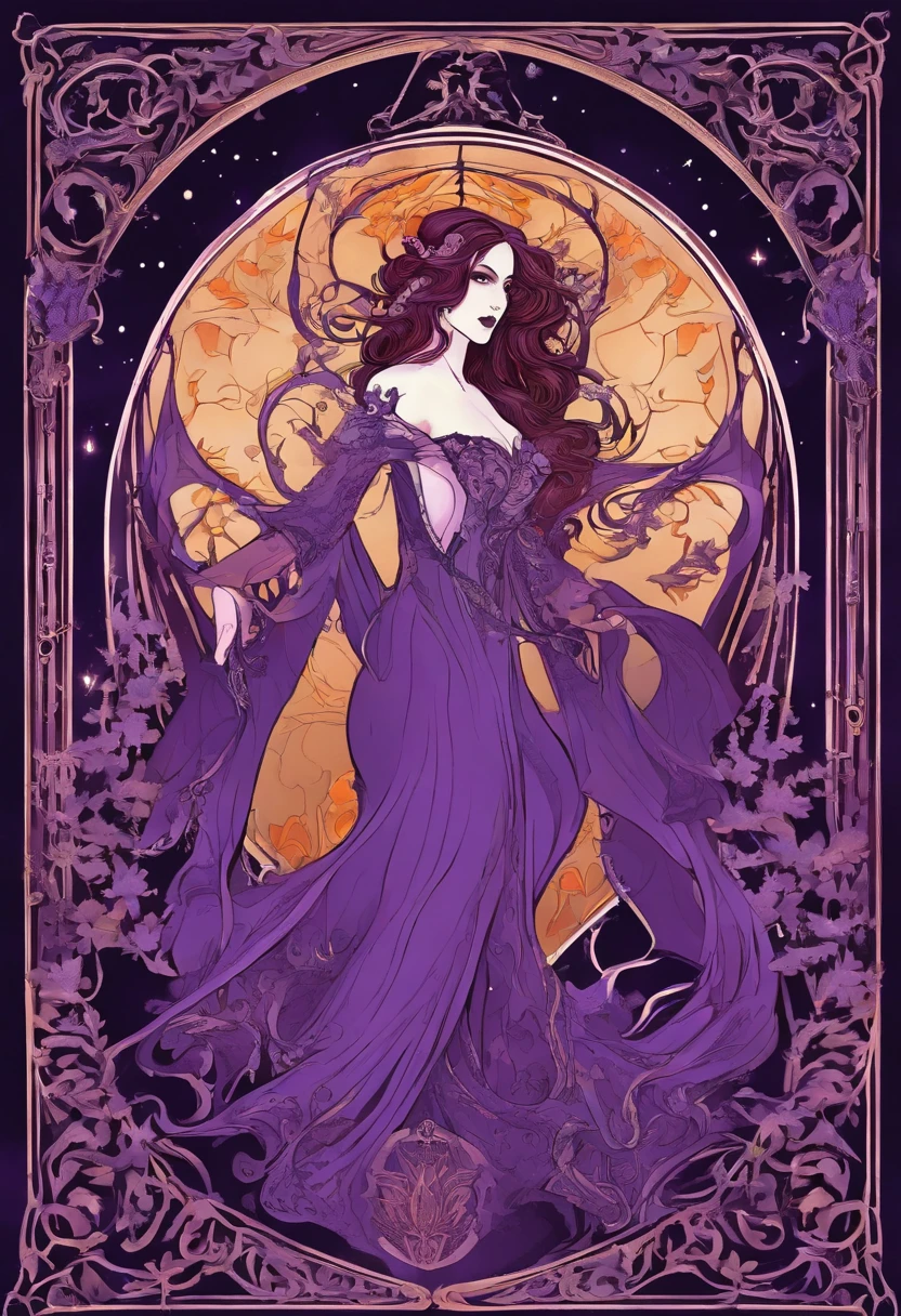 vampire girl Very scary and linda, ART nouveau, purple background, gothic style, fire lights, muitos detalhes, apenas luz de velas,