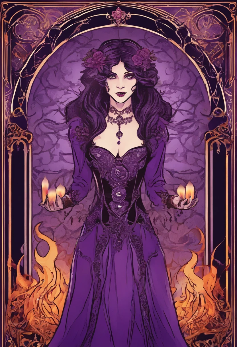 vampire girl Very scary and linda, ART nouveau, purple background, gothic style, fire lights, muitos detalhes, apenas luz de velas,