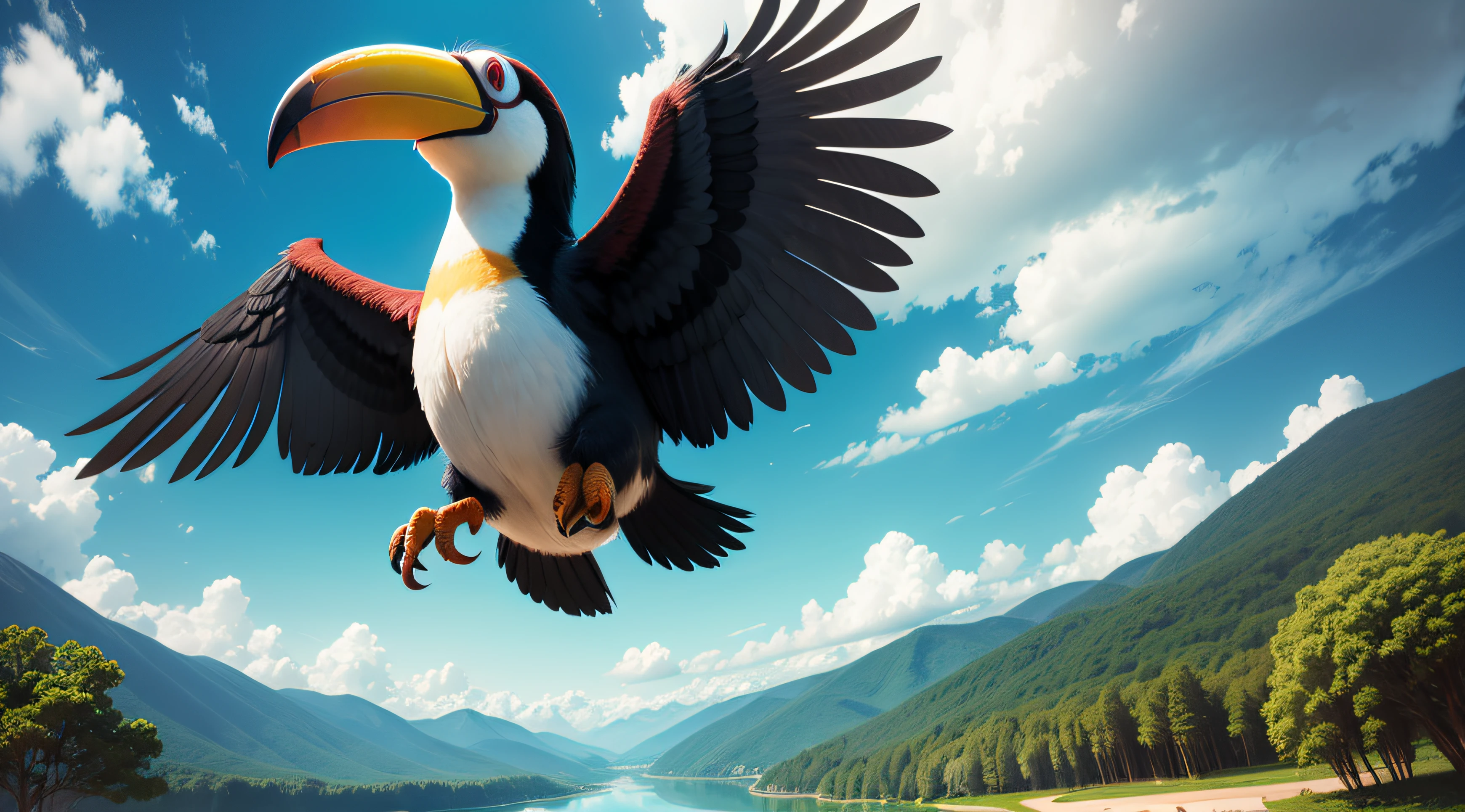 ((NSFW, sexual)), rio movie, jungle landscape, Rafael a male toucan, Black and white feathers, avian, ((anthro)), human body, furry, feathered arms, chubby body, ((exposing big tapering penis,)), standing, brown eyes, bedroom eyes, seductive, smiling, realistic, digitigrade legs, detailed eyes