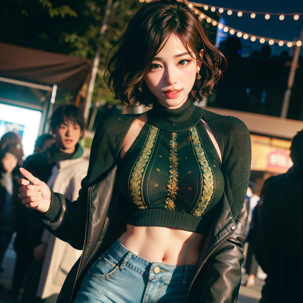 masterpiece, best quality, a dark skinned black woman wearing a detailed green turtle neck sweater with an intricate black leather jacket with blue jeans at a street party at night, angular afro haircut, jacket off one shoulders, midriff, smile, teeth, insane ultra hires, extreme intricate details, tooth gap, round ass, big nose, (full nose:1.3), face shadow
HDR, natural lighting, volumetric shading, dynamic pose, Hyperrealistic, realistic lighting, dramatic shadows, hard focus, high contrast, dramatic perspective
dramatic shadows,