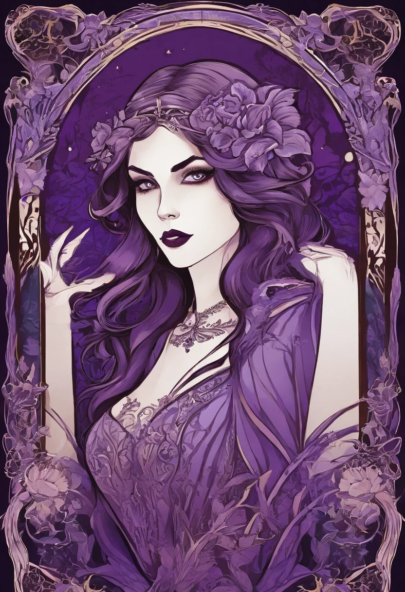 vampire girl Very scary and linda, ART nouveau, purple background, gothic style, fire lights, muitos detalhes, apenas luz de velas,