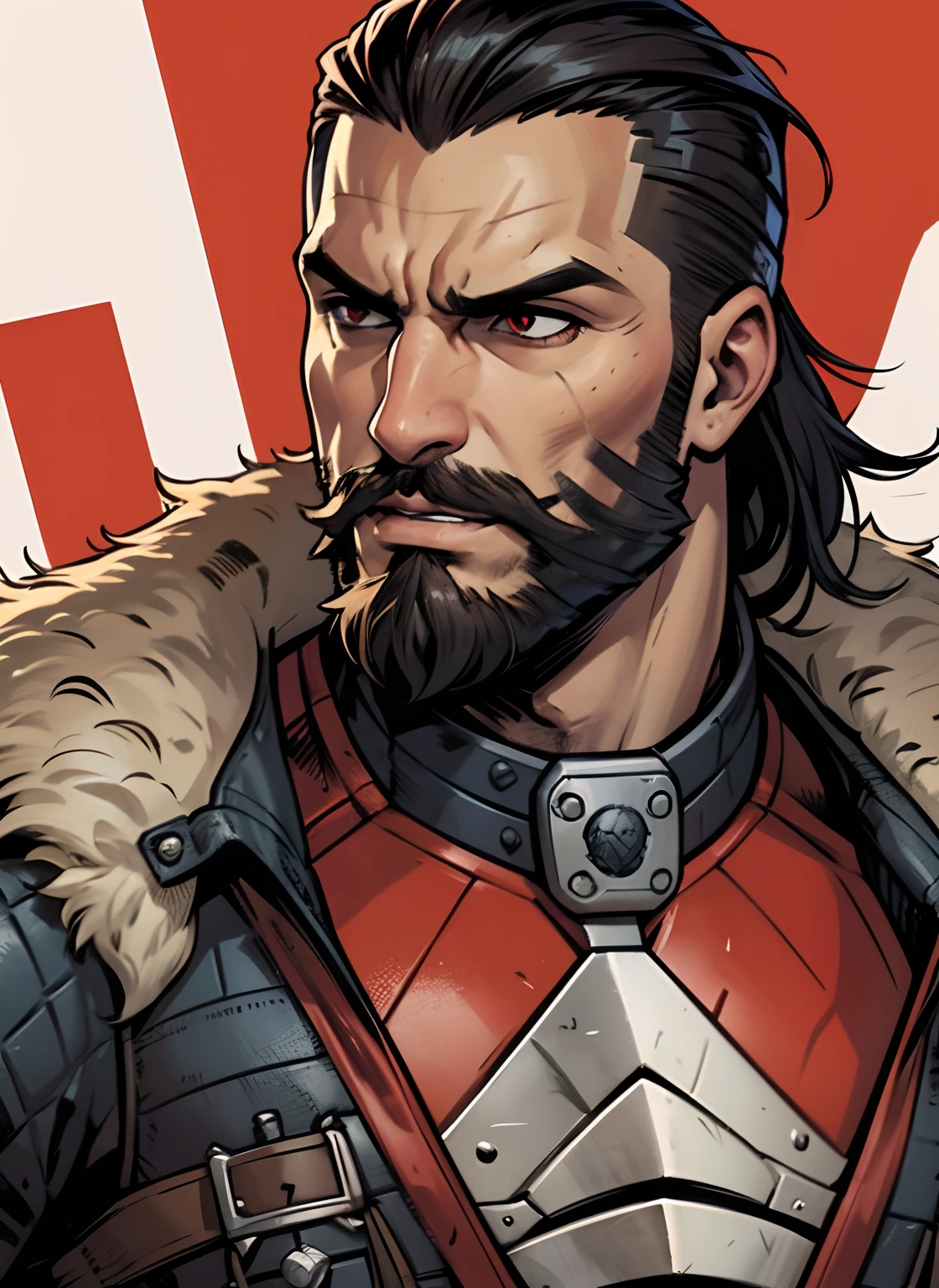 A close up portrait of a Kevin "Todd" Smith as Sadurang from Marvel comics. Heavy athlete with mullet hair, stubble beard, 30 years old, {{glowing red eyes}}. Wearing military uniform, {{{scales}}}. Villian, badass.