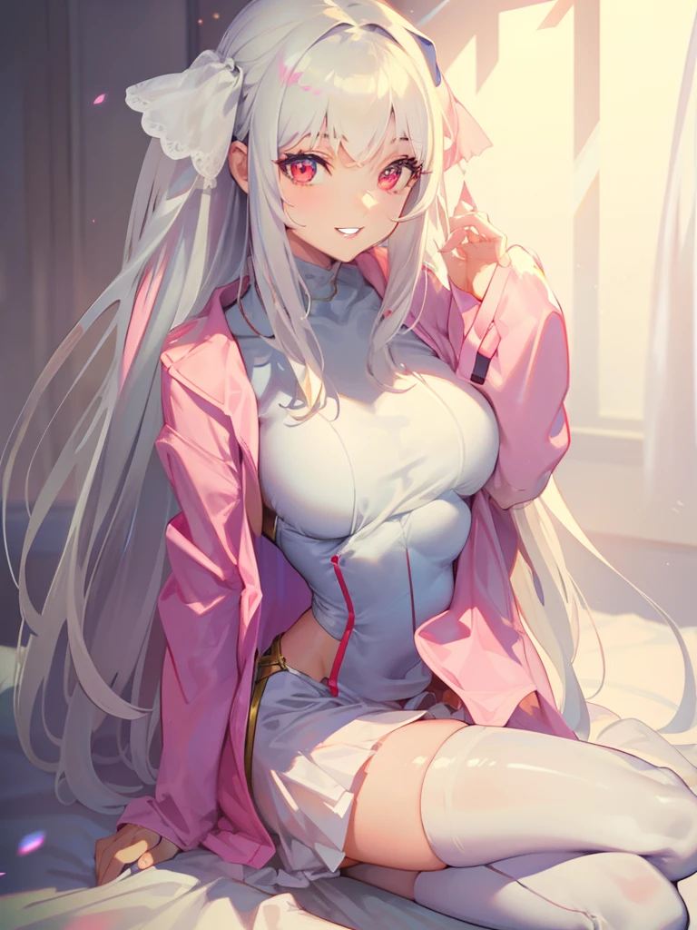 DETAILED, DENSE, MASTERPIECE, one girl, beautiful, 22 years old, smooth skin, glowing skin, glowing hair, clear eyes, glowing eyes, red eyes, soft lips,(viewer Looking down: 0. 8) smiling slightly, cheeks stained, mouth open, one girl, soft skin, large breasts, glowing skin, (Masterpiece: 1.0), (Realistic: 1.6), (Soft Focus: 1.5), full body, big lips, sexy face, sharp eyes, grin, skinny waist, (((skinny waist))), pastel pink jacket, white hair,
