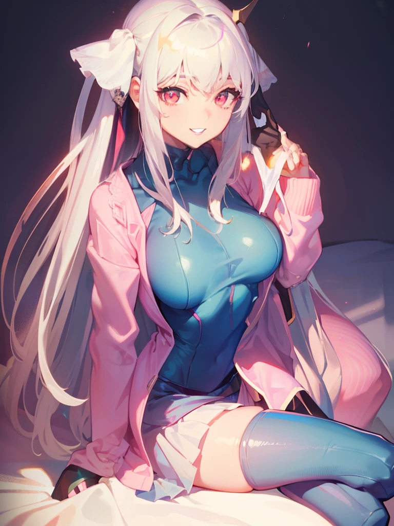DETAILED, DENSE, MASTERPIECE, one girl, beautiful,  22 years old, smooth skin, glowing skin, glowing hair, clear eyes, glowing eyes, red eyes, soft lips,(viewer Looking down: 0. 8) smiling slightly, cheeks stained, mouth open, one girl, soft skin, large breasts, glowing skin, (Masterpiece: 1.0), (Realistic: 1.6), (Soft Focus: 1.5), full body, big lips, sexy face, sharp eyes, grin, skinny waist, (((skinny waist))), pastel pink jacket, white hair,