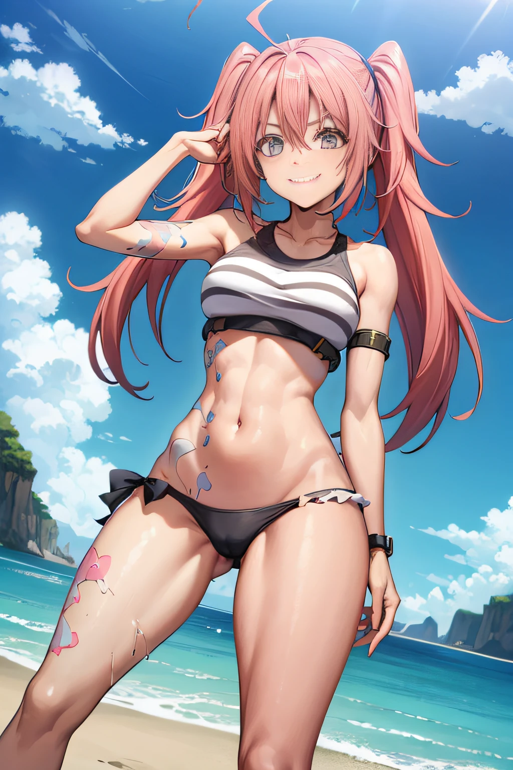 ((female)), (very messy hair), (sorriso feliz), Presas, ((abdominais rasgados)), Toned arms and legs, peitos pequenos, Sudorese excessiva, (Summer beach scenery), olhos azuis, iate no fundo,