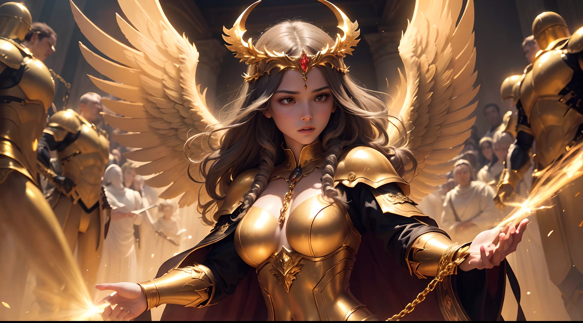 (high quality, highres, masterpiece:1.2),portrait of a golden angel being captured and trapped by a group of demon soldiers,expressive and intricate facial features, fierce and menacing expressions of the demon soldiers, delicate and serene facial expression of the angel, glowing golden wings floating above her, dark and sinister atmosphere, detailed armor and weapons of the demon soldiers, ethereal and heavenly aura surrounding the angel, powerful beams of light breaking through the clouds, golden chains binding the angel's hands and feet, dramatic shadows and highlights, impressionistic rendering, vibrant and rich color palette with a focus on golden hues, dramatic lighting capturing the emotion of the scene