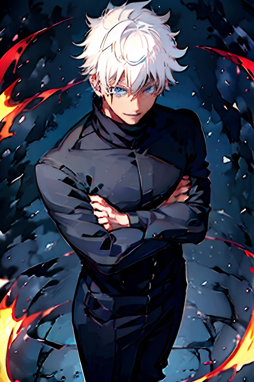 gojou, best quality, ultra detailed, 1man, solo, standing, white hair, blue eyes, Black T shirt, Tshirt, T-shirt, Black Slacks pants, stare, smile, (evil:1.2), looking at viewer, (interview:1.3), ((1girl)), bottomless, beautiful, masterpiece, best quality, shiny skin, facing at viewer, gojou, eye level