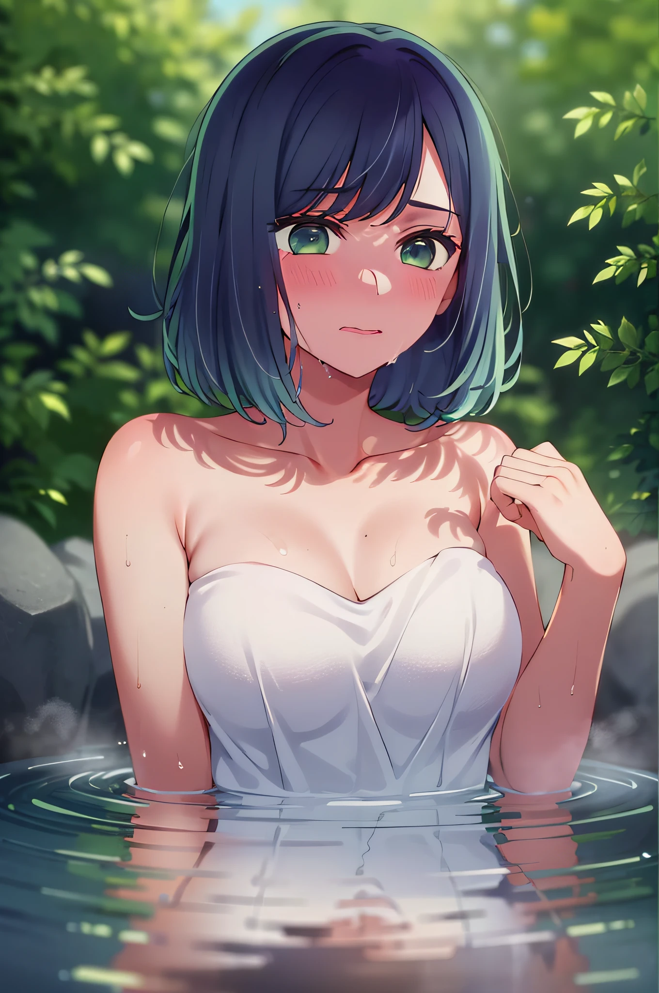 masterpiece, best quality, ultra-high resolution, super detailed, depth of fields, blue hair, green eyes, (bob hair:1.5), blush, wavy mouth, parted lips, nude, (Wrap a bath towel around the upper body:1.2), exposed skin, wet skin, (rock bath:1.2), outdoor, (Steam:1.5), (white skin:1.3)