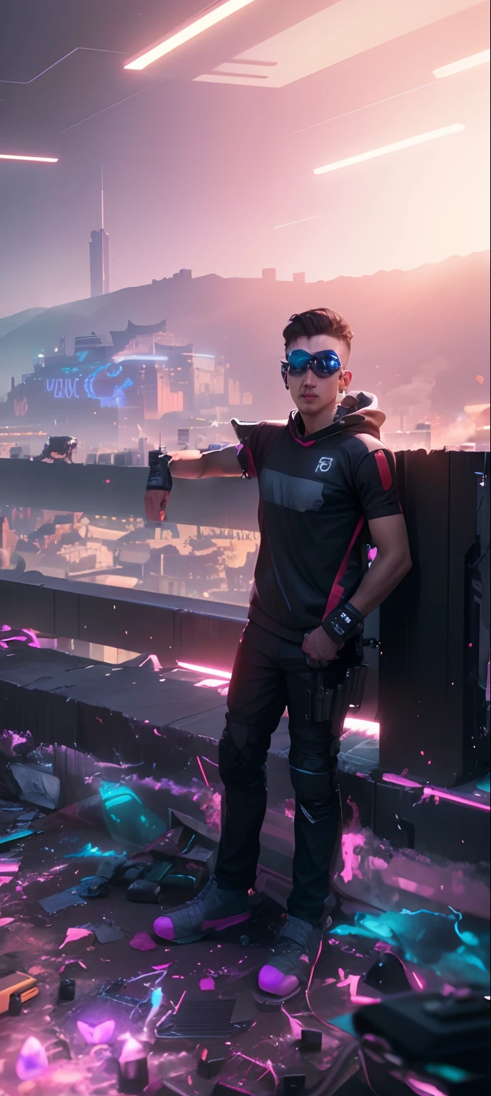 Change background cyberpunk handsome boy, with pistol, 8k ultra realistic