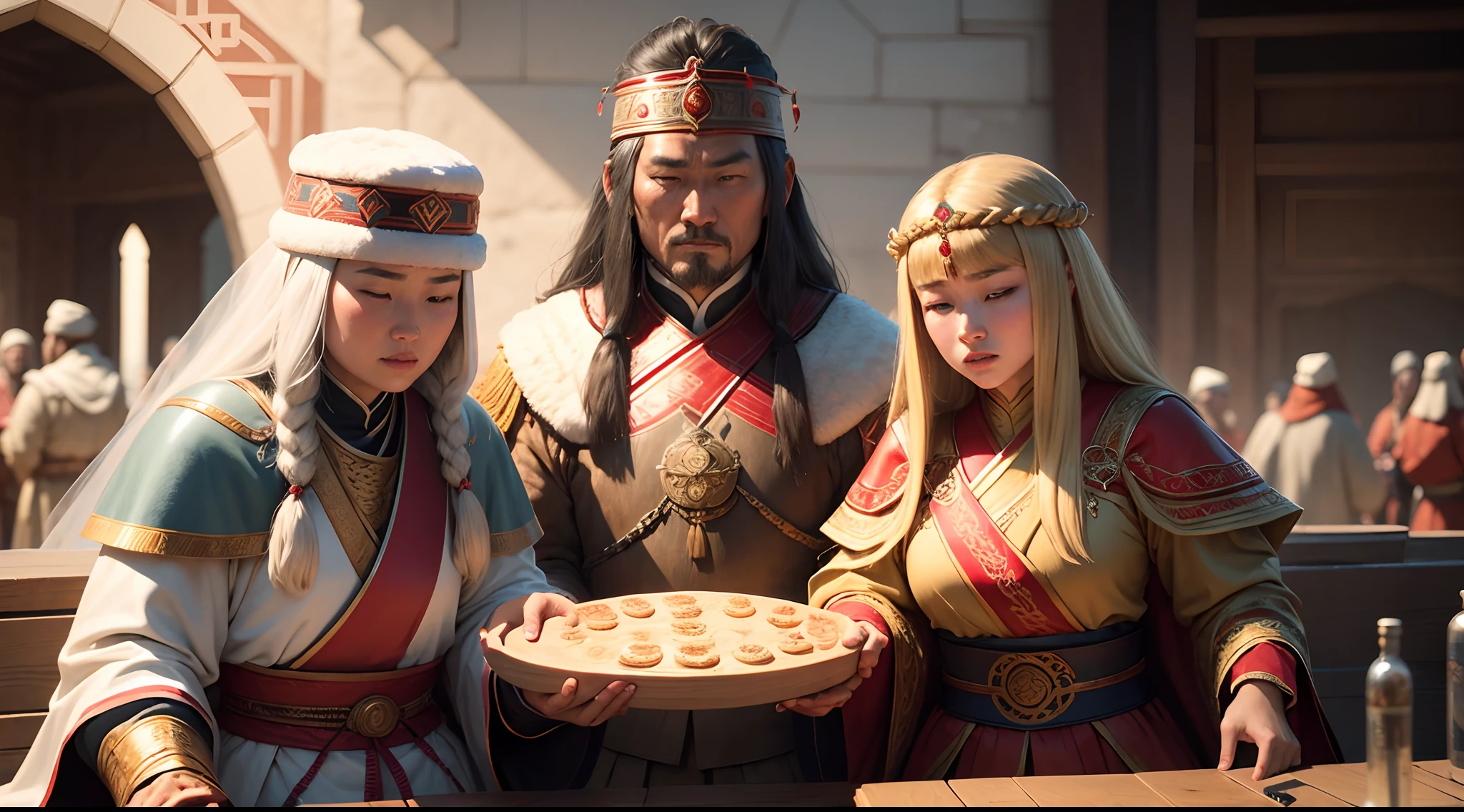 Create an image depicting Genghis Khan using daughter diplomacy, arranging marriages between his daughters and allied kings, while imposing conditions and military duties, 8k resolution, hiperrealistic
