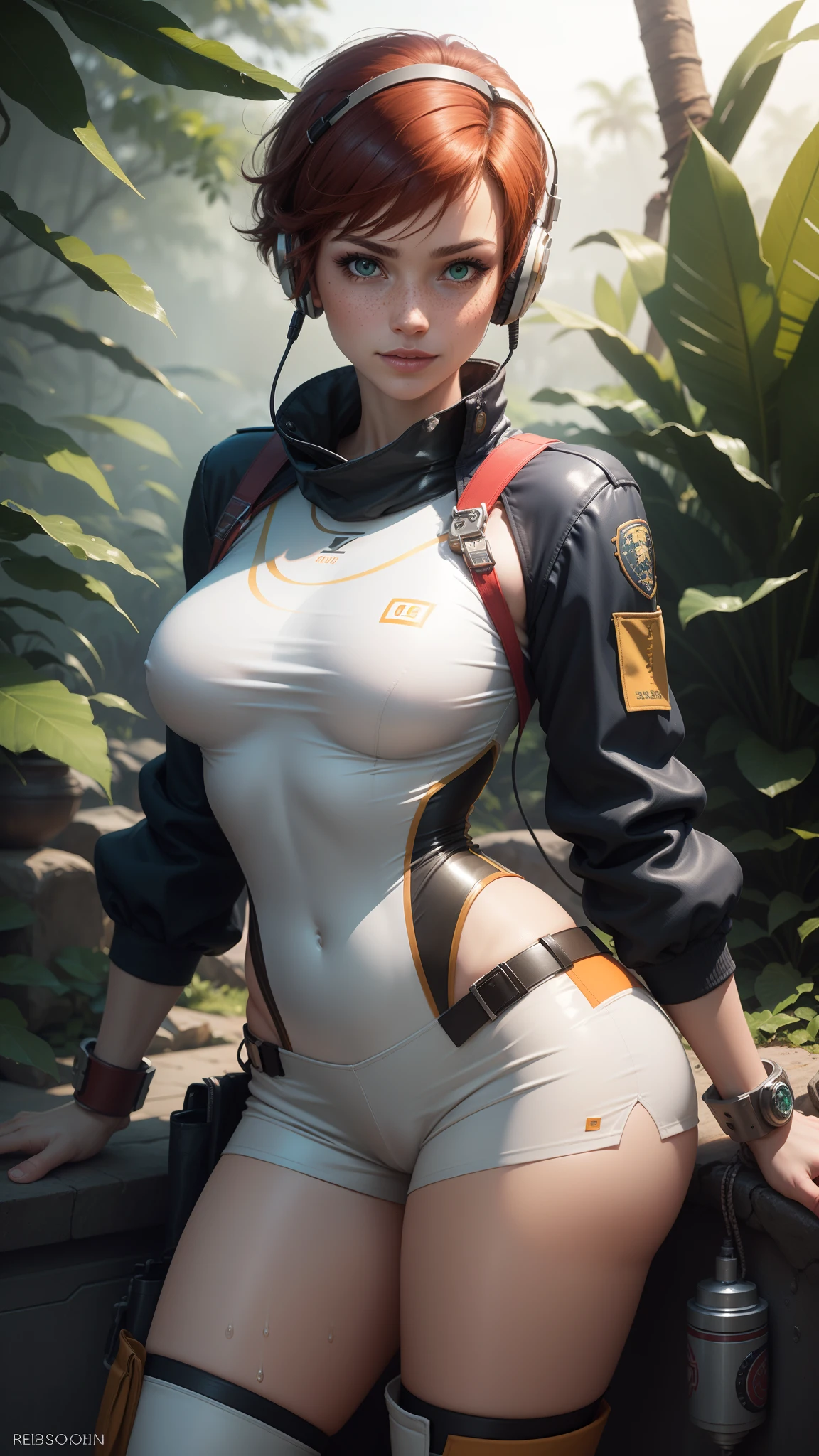 gwen tennyson,tracer,chun-li,rebecca chambers,tomb raider,overwatch,1girl, close up,mecha pilot,mayan jungle,red and white plugsuit,hair pin,pirate corset,white long sleeve lycra top,silver lycra micro shorts,short hair,cute makeup,green eyes,orange and gold hair,shy smile,freckles,redhead,beautiful girl,large breasts,ultra detailed,realistic, fantasy art,military uniform,sailor uniform,pilot scarf,pilot jacket,tank,wet shirt,thigh high boots,gaming headset,
