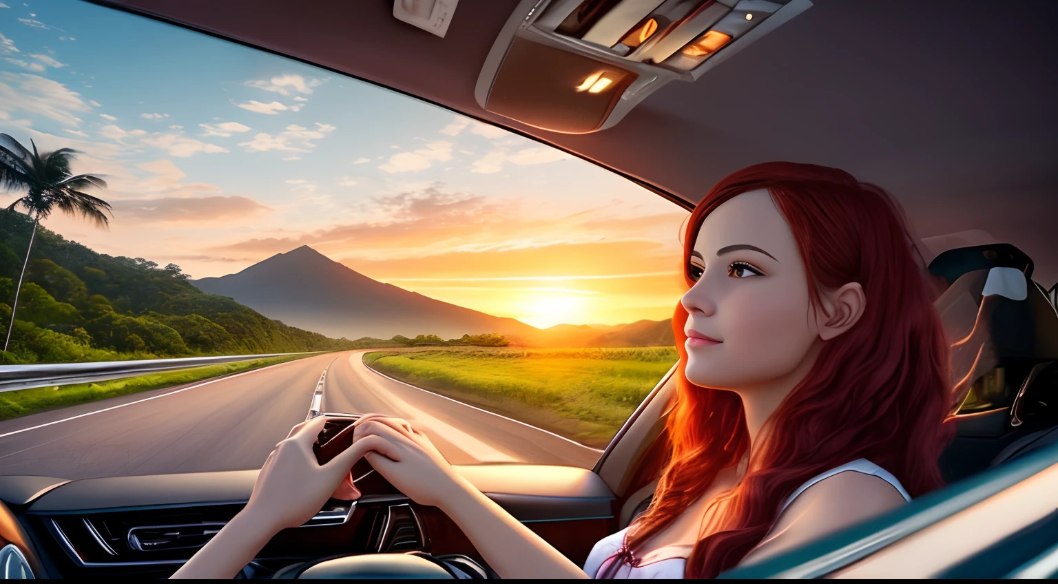 "Illustrate Pamela, a young woman with long red hair, driving a car, while Panjul, a man with short red hair, sits beside her. They're on a highway headed towards distant towering mountains. The rising sun replaces the dark night, bringing hope for a new day." --auto