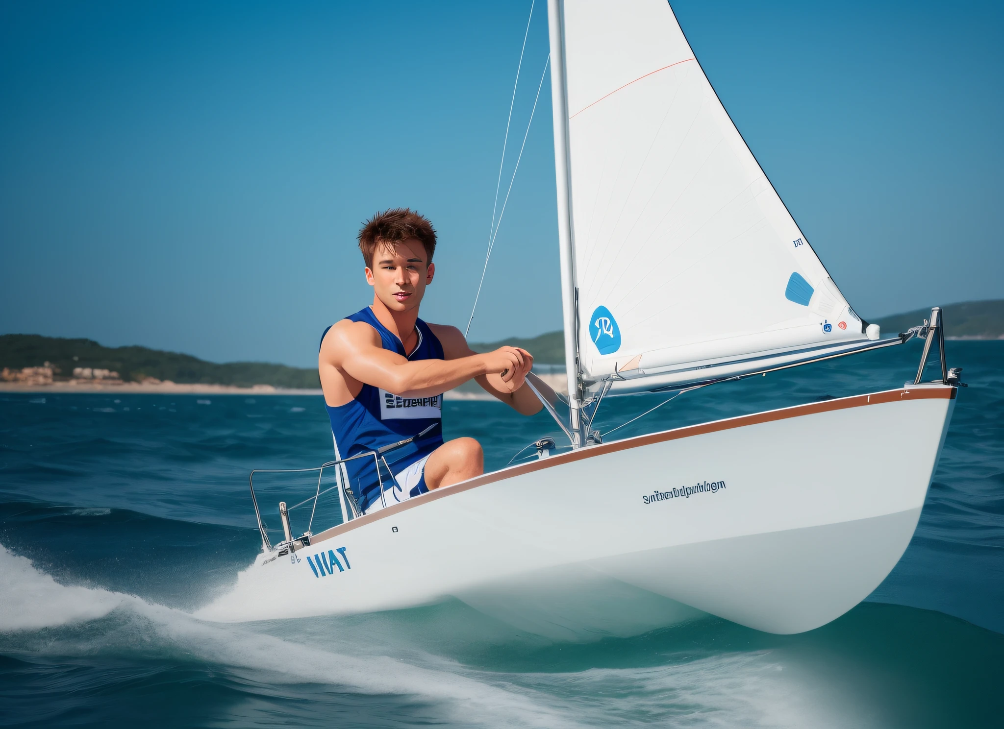 there is a man that is sitting on a sailboat in the water, treading on exciting water, best seller, sport, gliding, sailing boat, motivational, competition winning, shutter stock, sailing boats, 26 year old man on a sailboat, on the bow, sail, in a race competition, by John Murdoch, cover shot, high quality, ultra realistic, photorealistic, RAW, EPIC, Master Piece, sport, extreme, good quality, correct anatomy, good hands, good shoulder, high light the boat, show whole sailing boat